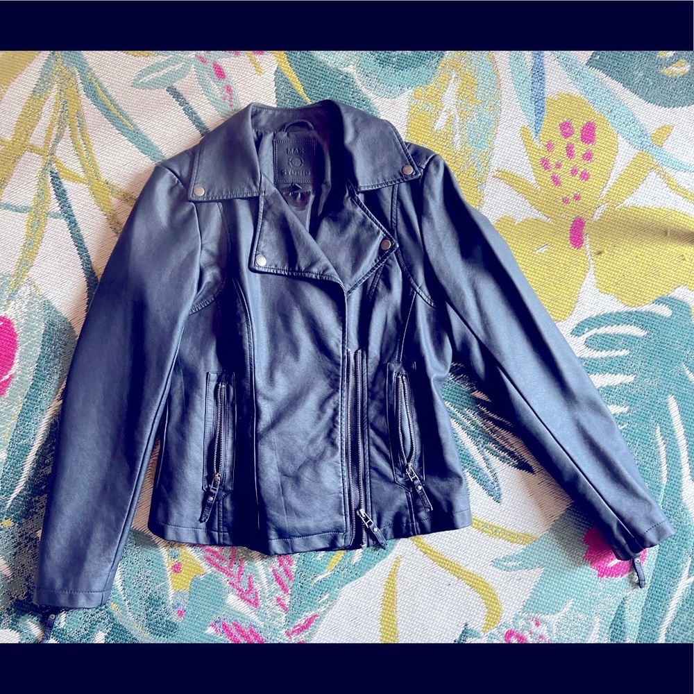 Blue/grey Max Studio vegan leather jacket. Size small.
